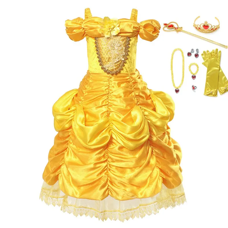 Belle Set 02 MUABABY костюм Белоснежки для девочек, Эльза, Анна, Спящая красавица, Аврора, Белль, Золушка, Рапунцель, вечерние платья на Хэллоуин - Цвет: Belle Set 02