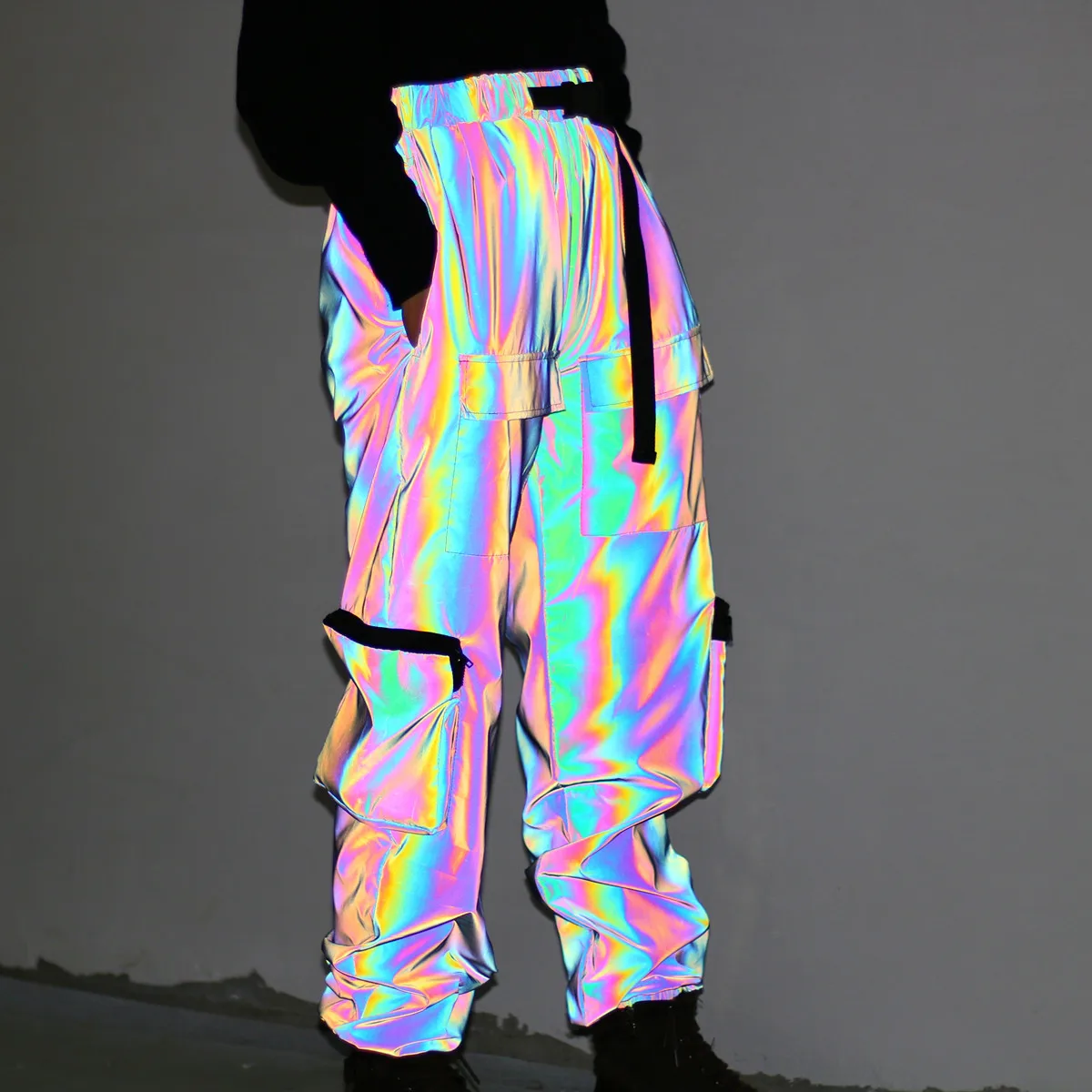 Many Pockets Techwear Rainbow Color Reflective Cargo Pants With Blet Women  Harajuku Casual Elastic Waist Joggers Dropshipping