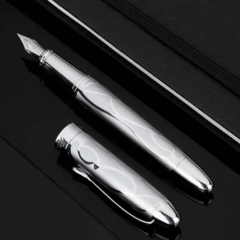 

HongDian Printing Stainless Steel Fountain Pen Fine Nib Retro Silver Student Office Practice Supply Writing Pens Stationery Gift