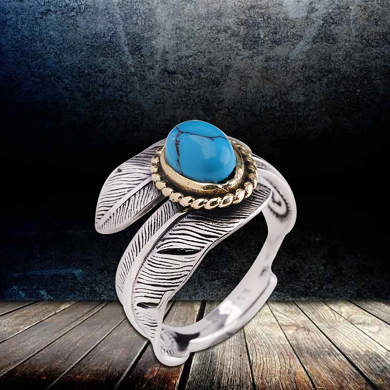 

S925 Silver Personality Men's Turquoise Feather Ring