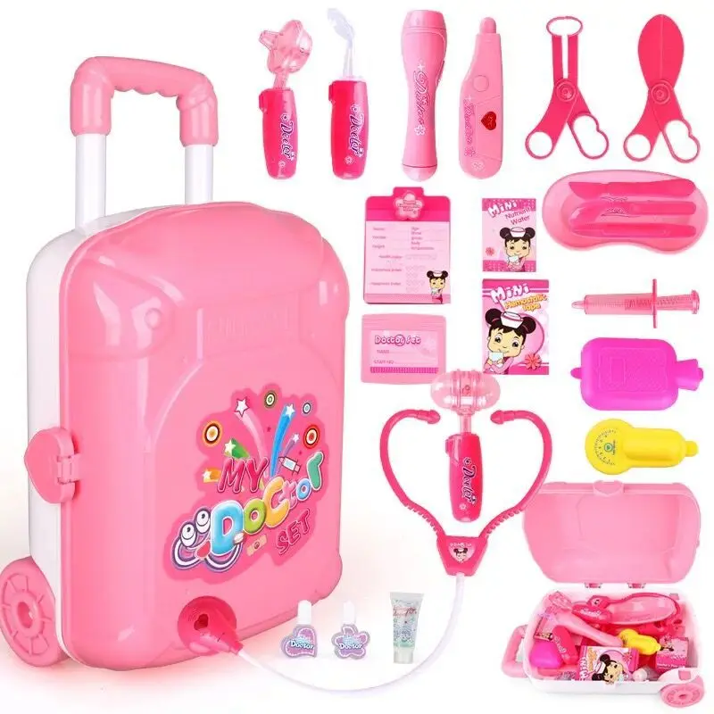 

Girl'S Play House Doctor Toy Luggage Travel Trolley Shining Sound Making Model Medicine Cabinet 22-Piece Set