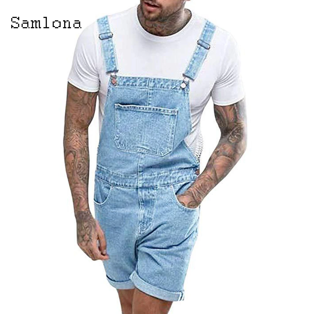 Samlona Plus Size Men's Fashion Jeans Denim Shorts Blue Multi-Pocket Suspender Rompers Jeans 2023 Summer Frayed Jeans Overalls