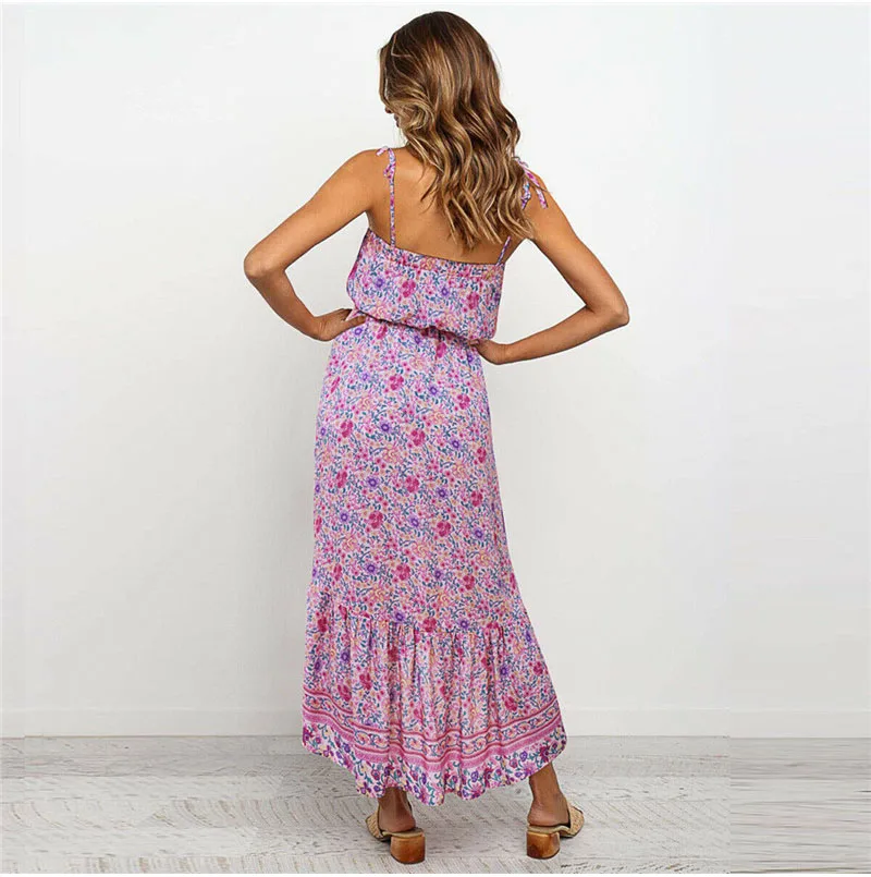 Boho пляжное летнее женское платье с цветочным принтом, без рукавов, с открытыми плечами, с оборками, платье с цветочным рисунком, элегантные вечерние платья для женщин