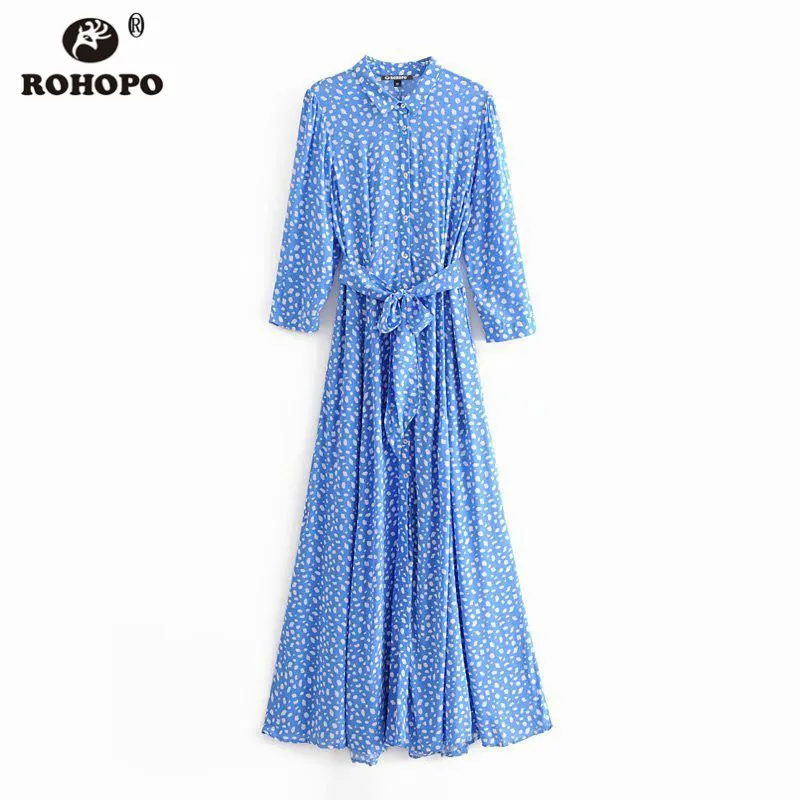ROHOPO Lapel Collar Animal Printed Sky Blue Midi Blouse Dress Bow Waistband Buttons Fly Autumn Holidays Straight Vestido#9530
