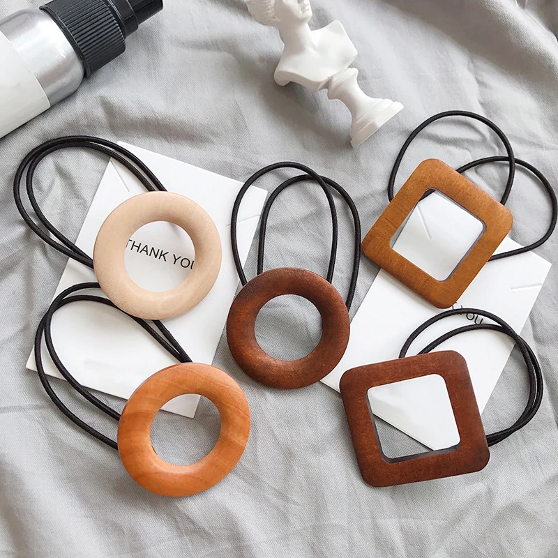

Female Hot Sale Women Round Square Hair Accessories Wooden 1PC High Quality Popular Korean Geometry Lady Hair Rope