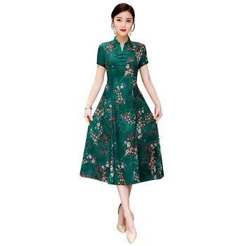 

Plue Size Chinese Traitional Style Women Print Flower Qipao Stylish Ladies Dress Rayon Short Sleeve Stage Show Cheongsam