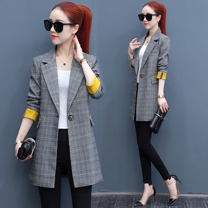 

Fashion Retro Plaid Small Suit Women's 2019 Autumn New Style Korean-style Mid-length Slimming Suit Spring And Autumn Coat Fashio