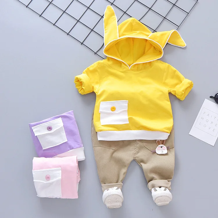 

2019 Spring And Autumn Small Girls Long Sleeve Cute Rabbit Eared Large Hoody Two-Piece Set Baby Clothing
