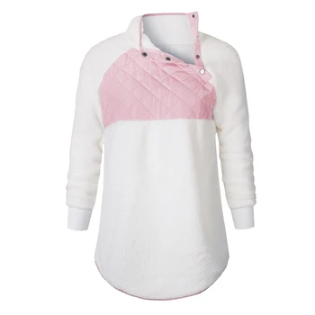 

Women Fluffy Fleece Pullover Winter Elasticity Faux Fur Turtleneck Pullover Fashion Stitching inclined collar Pullover Ladies Wa