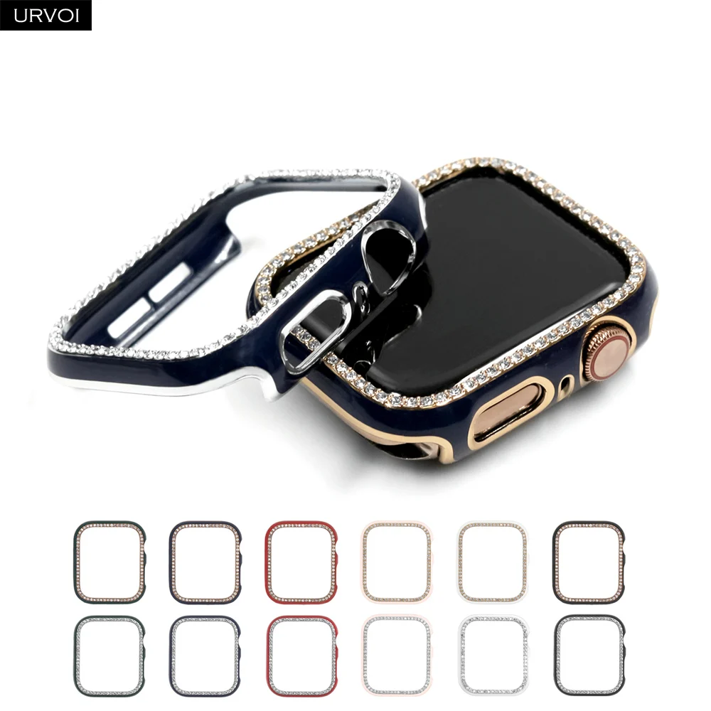 URVOI-funda de medio plástico para Apple Watch series 6 SE 5 4 3 2, marco de circón brillante, funda de grabado láser para iWatch