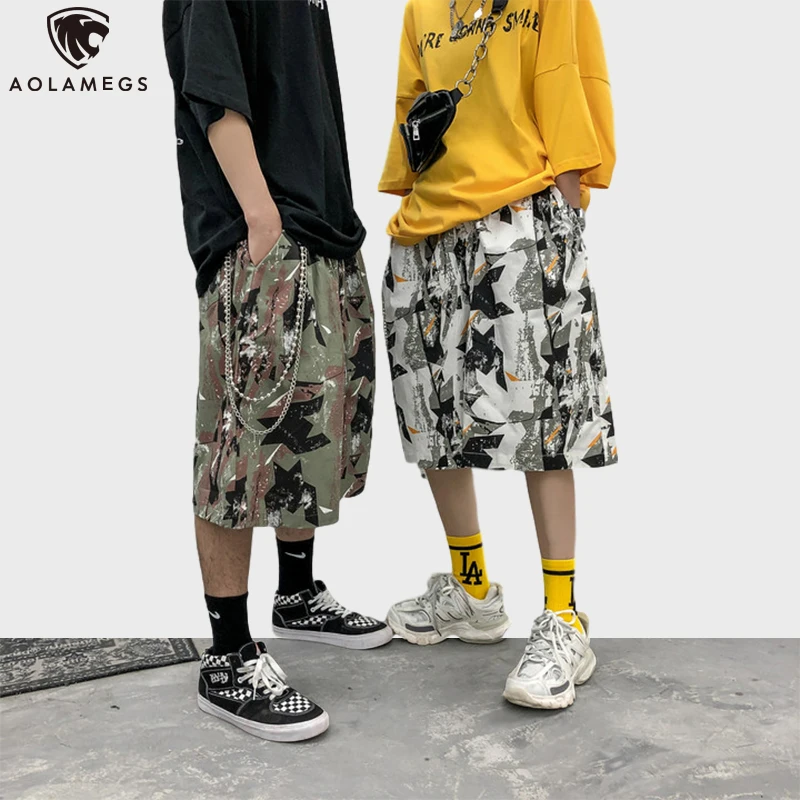 

Aolamegs Men's Shorts Patchwork Hip Hop Print Oversized Shorts Men Summer Bermuda High Street Short Pants Couple Streetwear men