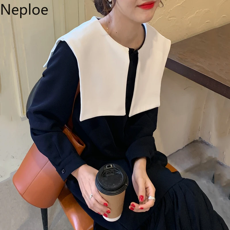 Neploe корейский шик матросский воротник с длинным рукавом плиссированное платье