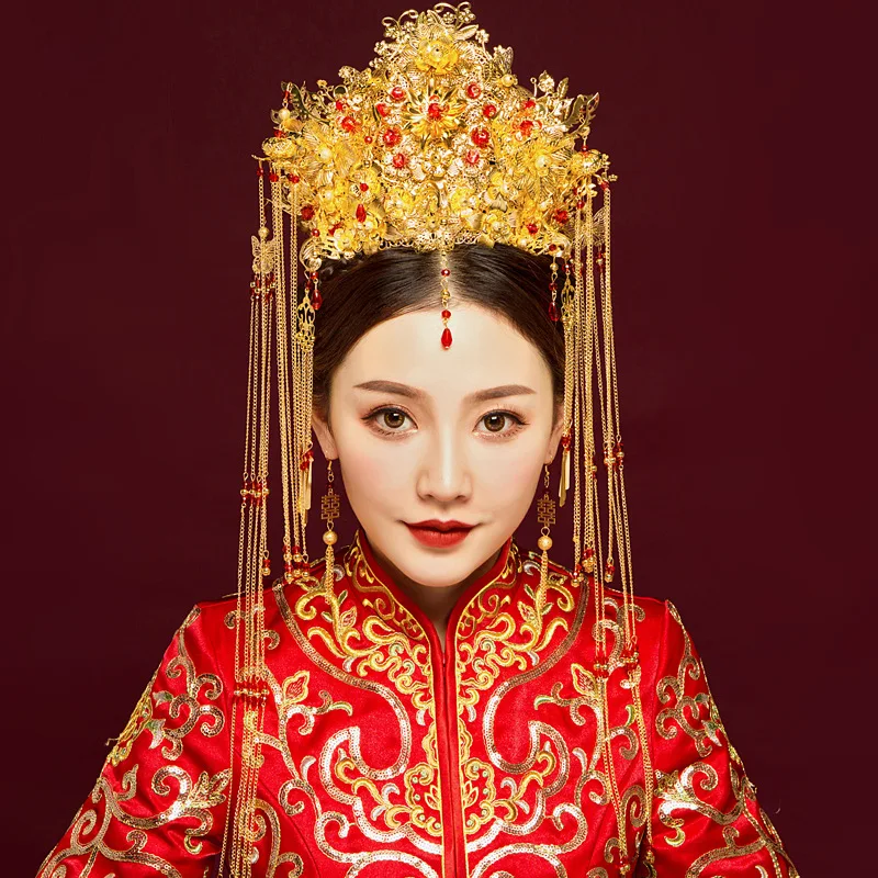 Retro Chinese Red Phoenix  Headdress Crown Catwalk Stage Wedding Hair Accessories