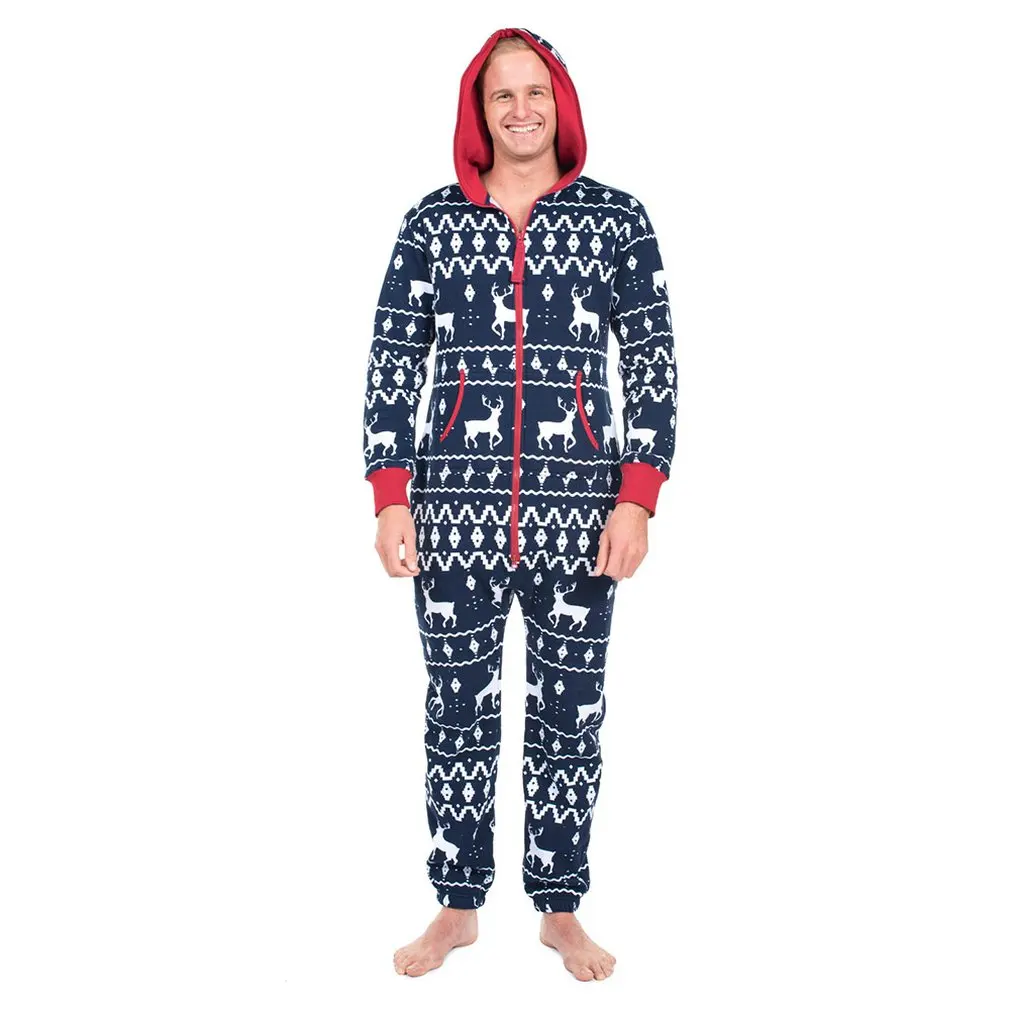 Unisex Christmas Jumpsuits Fall Winter Warm Romper Long Sleeve Hooded Zipper Jumpsuits Casual Lady Print Xmas Jumpsuit Homewear