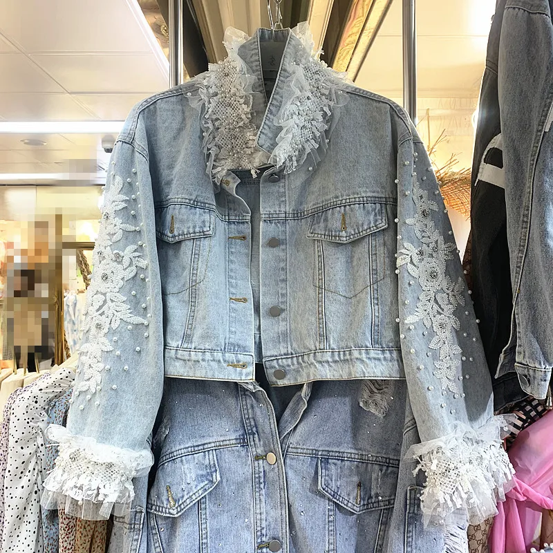 light blue Мода, короткое джинсовое пальто с бисером и кружевными оборками, женская уличная Осенняя новинка, светильник с длинным рукавом, синяя джинсовая куртка, Женская S-L - Цвет: light blue