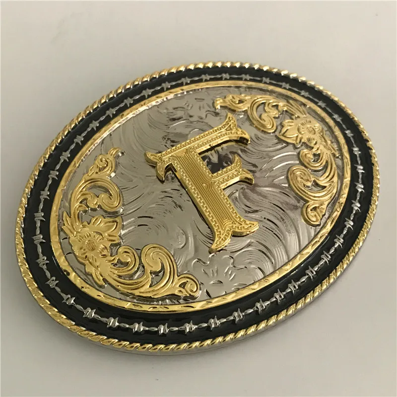 Retail New Style Oval Golden F Initial Letter Men Belt Buckle With Metal Cowboy Belt Head Jewelry For 4cm Wide Belt