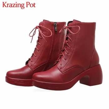 

Krazing Pot high quality genuine leather thick bottom British lace up round toe high heels side zip women warm ankle boots L33