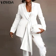 VONDA Autumn Pleated Long Sleeve Suit Blazer 3 Colors Women Solid Color Lapel Collar Button Up Coats With Pockets Female Jackets