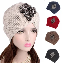 Женская Крестовая зимняя теплая шерстяная вязанная шапка-тюрбан со стразами, мягкая шапка для сна, головной убор для лечения рака, аксессуары для волос