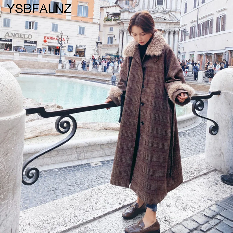 

Vintage Plaid Removable Fur Collar Woolen Coats Winter Korean Loose Size Long Wool Jackets High Waist Belt Ladies Clothing