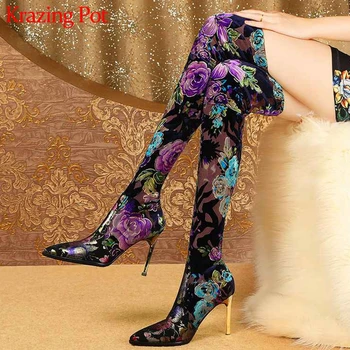 

Special prints sheep leather pointed toe gladiator sexy party super high heels flower flock keep warm over-the-knee boots L06