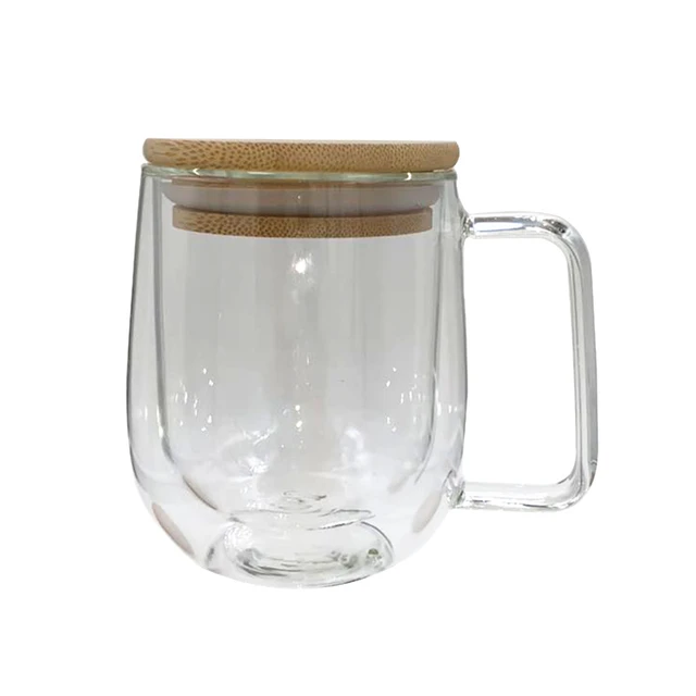 Tasse en verre avec couvercle en bambou, 2 pièces/paquet, Volume = 350ml, Double  paroi, tasse transparente résistante à la chaleur - AliExpress