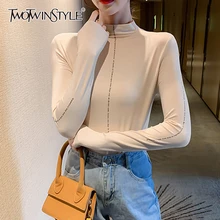 TWOTWINSTYLE camiseta minimalista de mujer cuello alto delgado menos es más camisetas coreanas para mujer 2019 Otoño de gran tamaño de moda nuevo(China)