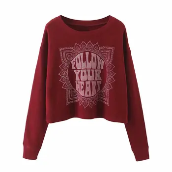 

Sweatshirts Women O-neck Full Sleeve Red Chest Letter Print Short Pullovers Fashion Casual Knitted Spring Autumn for Ladies Tops