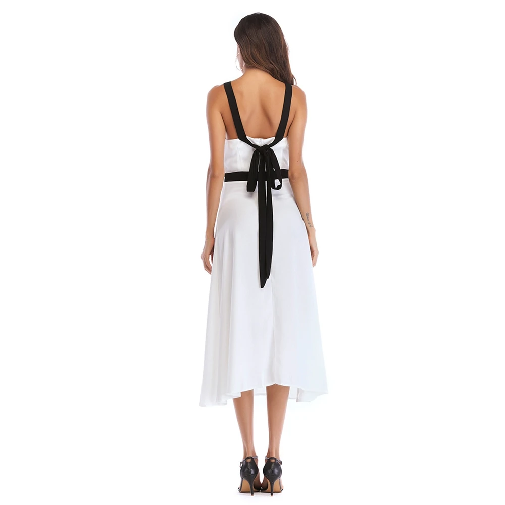 Летнее элегантное женское платье черно белое длинное Бандажное Без рукавов с