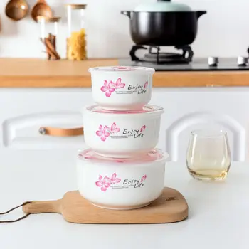 

Three-piece Ceramic Preservation Bowl Sealed Lunch Box Microwave Lunch Box Preservation Box Instant Noodle Tableware with Lid