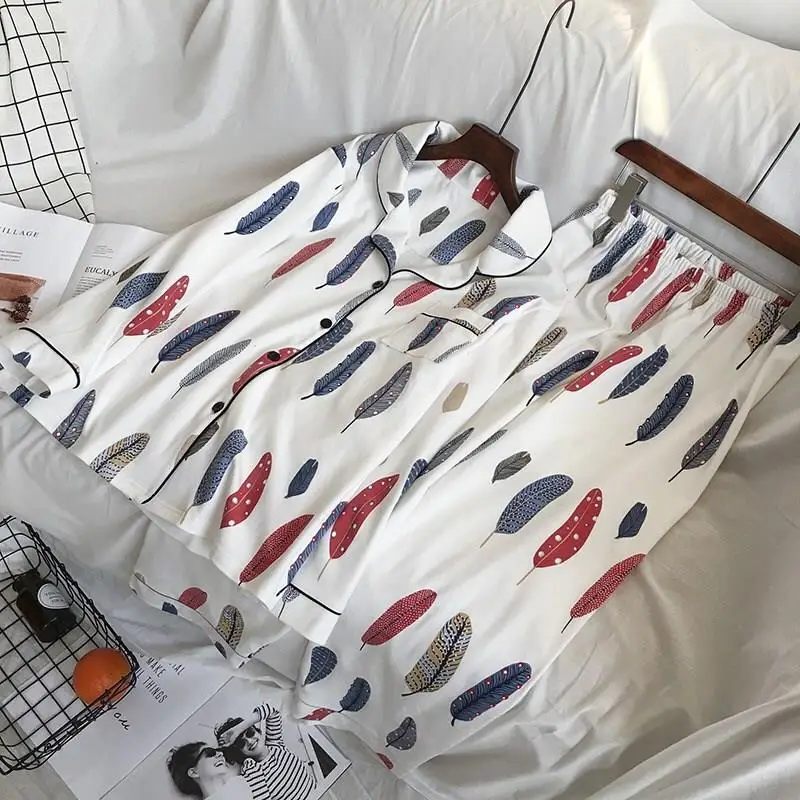 

Women Feather Print Long Sleeve Sleepwear Pants Two Piece Set Autumn Turn-Down Collar Top And Pants Cute Pajama Sets