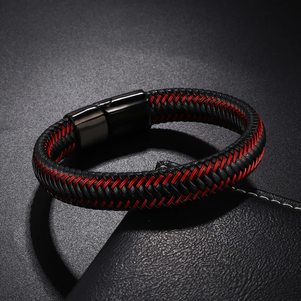 Trendy Men's Red Blue Genuine Leather Bracelet Stainless Steel Magnet Clasp Couples Jewelry Gifts for Unisex - Image 6