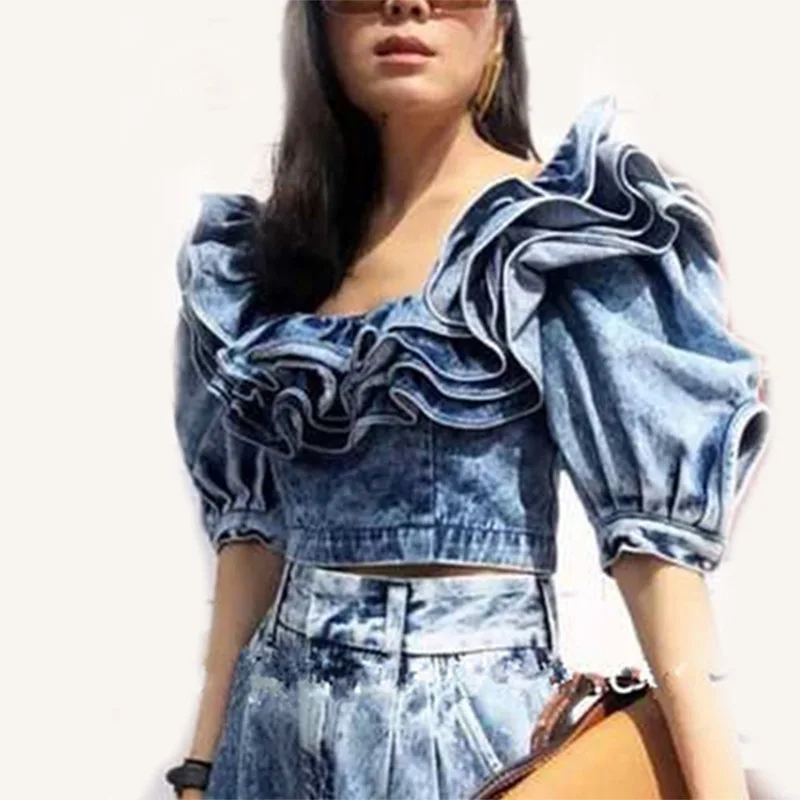 

2019 Fashion New Ruffle Denim Crop Tops Female Puff Sleeve Square Collar Sexy Shirt Blouse