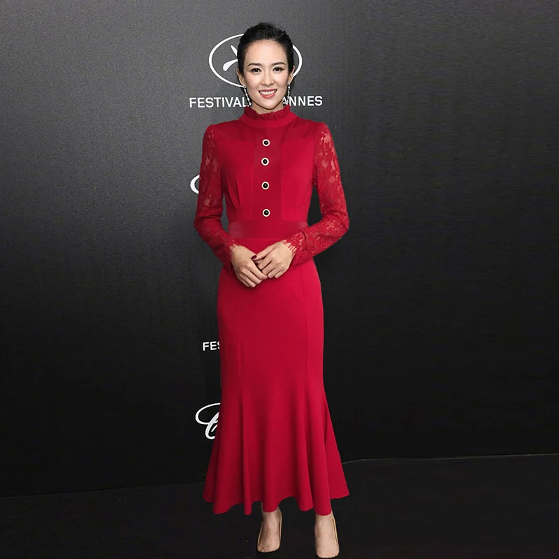 HIGH QUALITY New Fashion 2019 Designer Runway Dress Women's Long Sleeve Lace Patchwork Mermaid | Женская одежда