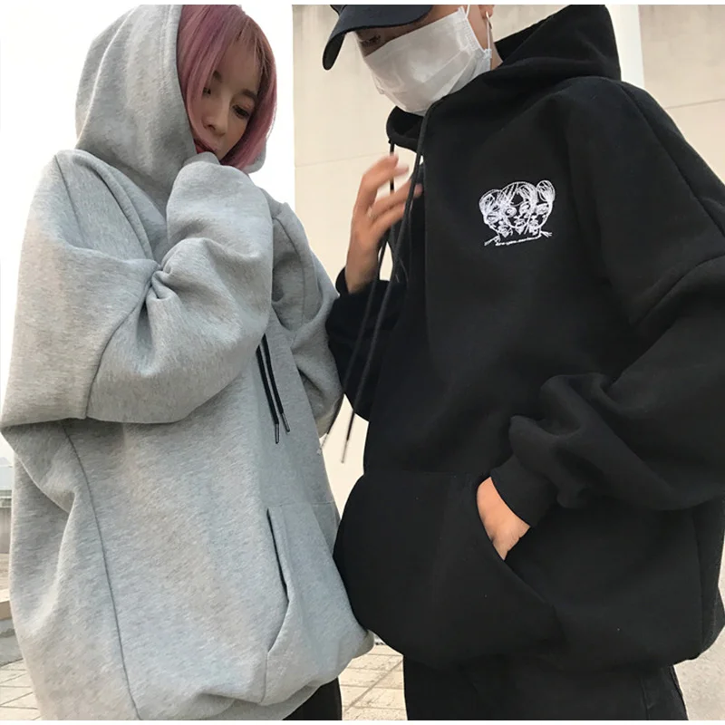 Harajuku панк Женская толстовка с капюшоном Вышивка головы с длинным рукавом Повседневные Свободные флисовые толстовки спортивный костюм Осень Зима Новинка