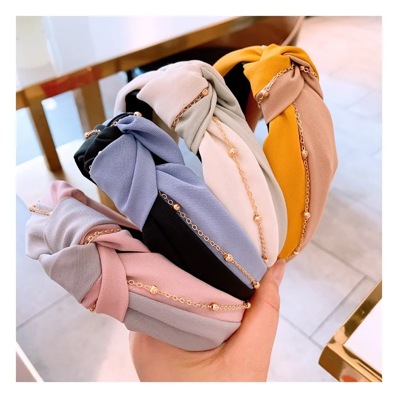 New Arrival Simple Trendy Gold Chain Knot Headband Plain Color Twill Fabric Wide Cross Hairband Women Hair Accessories Hairbands new arrival women leaves print jumpsuits lady s sexy plus size cross halter strapless hollow out skinny backless clubwear romper