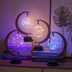 Lampe LED en forme de lune Sepak Takraw, faite à la main, en rotin, corde de chanvre, en fer forgé, veilleuse pour la décoration de la maison, lanterne de couchage 