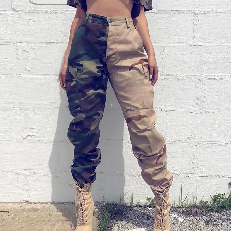 

High Waist Spliced Camo Cargo Pants Women Joggers Trousers Street Style Loose Button Sports Pants with Side Pockets for Female