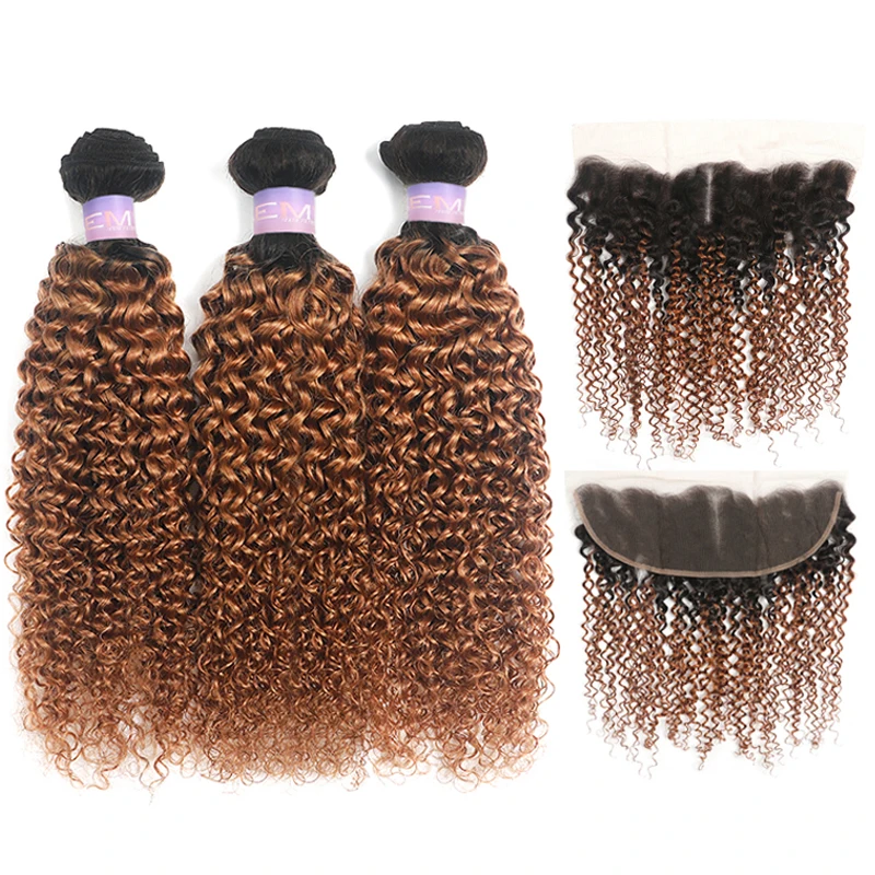 Бразильские коричневые кудрявые пряди волос с фронтальной 13x4 KEMY Hair T1B/30 натуральные кудрявые пучки волос с закрытием не Реми волос