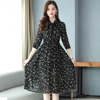 

2020 Summer New Women's Waist-high Floral Chiffon Dress Women Holiday Female A-line Dress Formal Dress Women Elegant