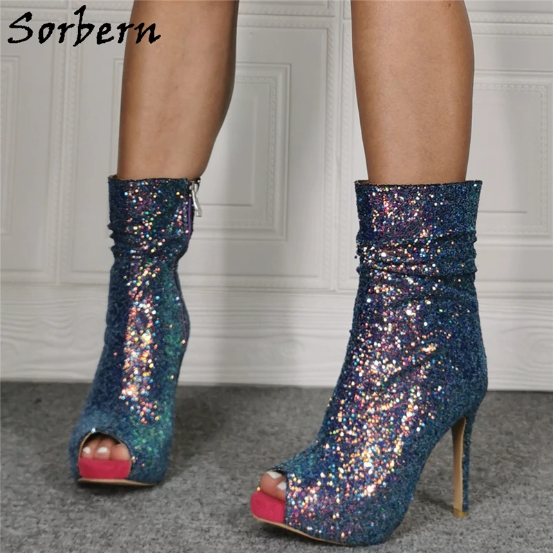 Sorbern Botines brillantes con punta abierta para mujer, de tacón alto y plataforma, talla grande 12, Sissy Boy|Botas hasta el tobillo| - AliExpress