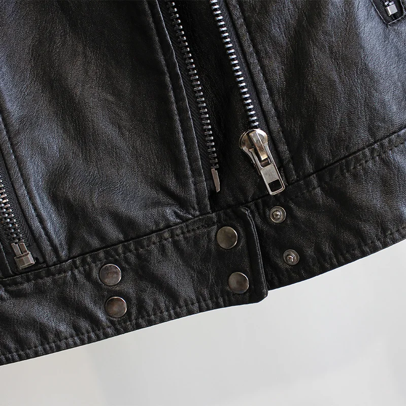 Autumn New Stand Collar Woman Short Motorcycle Leather Jacket Lady's Fashion Wash PU Leather Coats