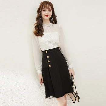 

Office Lady Fashion Two-piece Sets Sexy Chiffon Patchwork Hollow Out Lace White Blouse+Dot Mesh Black Skirt Women 2 Pieces Set