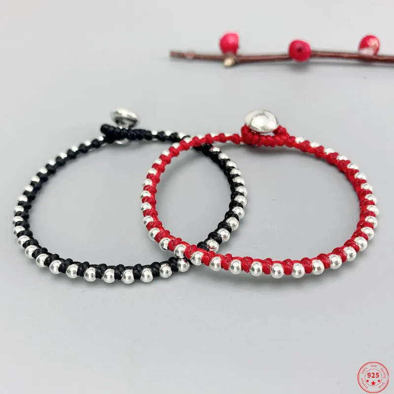 

S925 Sterling Silver Charm Bracelets Popular Weaven Wax Rope Bead-Chain Pure Argentum Jewelry for Women and Lovers