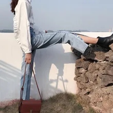 Осенние женские джинсы винтажные джинсы с высокой талией с боковыми разрезами Джинсы бойфренда для женщин прямые модные корейские женские джинсы брюки