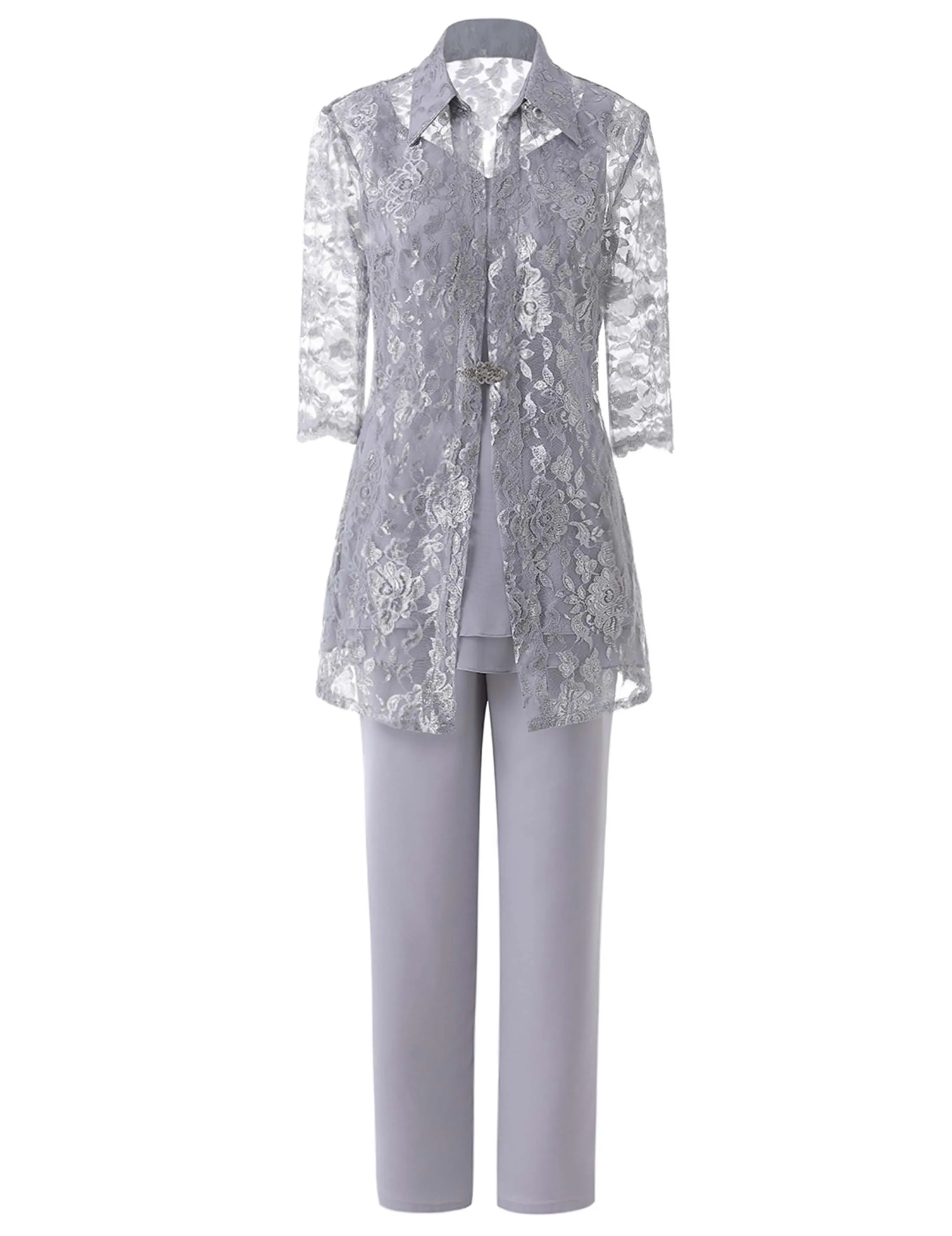 

SOLOVEDRESS 3 Three Pieces Mother Of the Bride Dress Pants Suit With Lace Illusion Jacket Outfit For Wedding Party Groom SL-M21