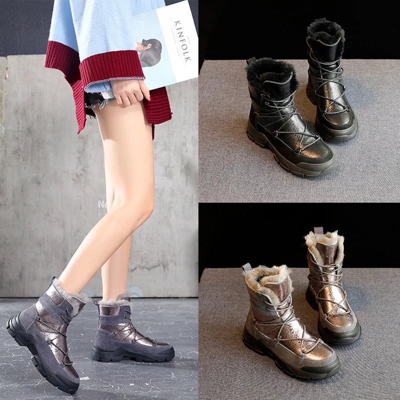 Женская Теплая обувь из натуральной кожи зимние ботинки на платформе с плюшевой