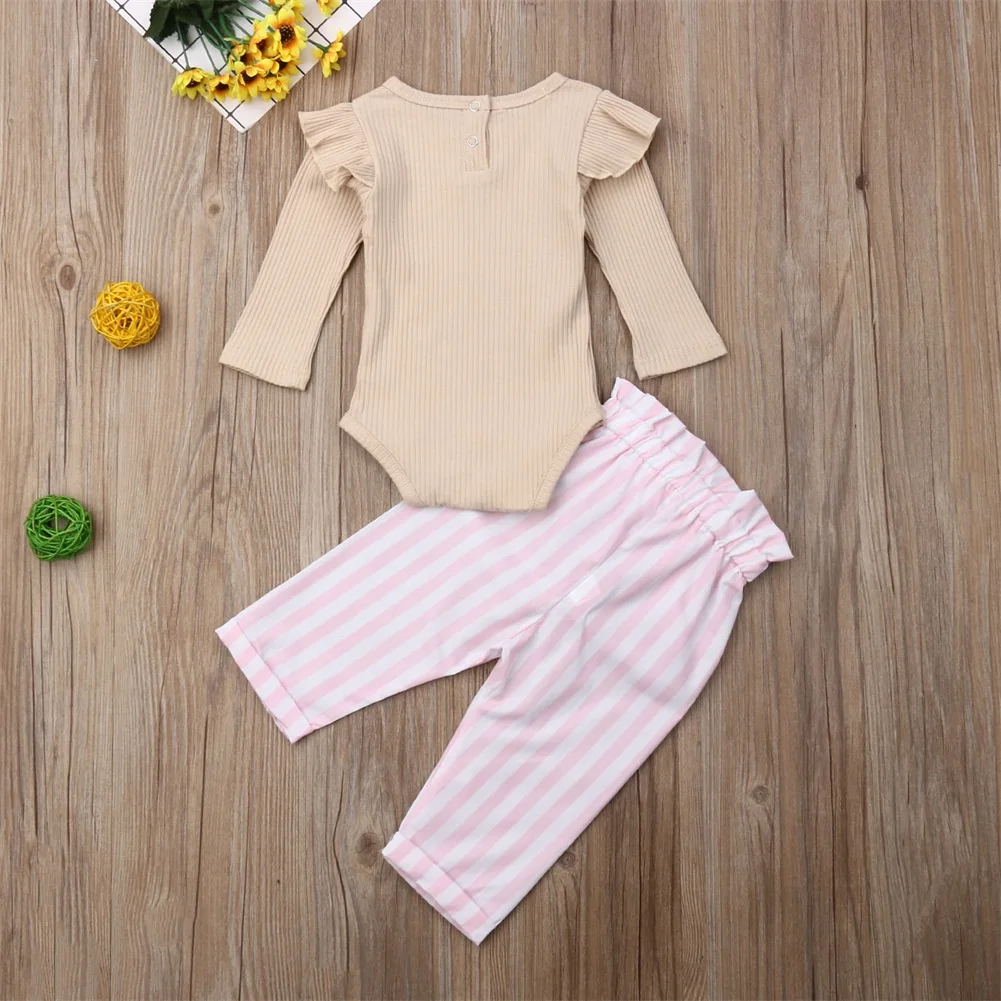 Pudcoco/комплекты из 2 предметов для маленьких девочек однотонный розовый комбинезон с длинными рукавами+ детские свободные штаны в полоску с большим галстуком-бабочкой, новая одежда