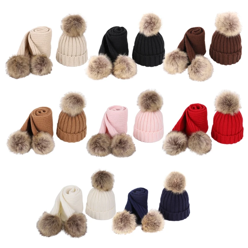 

2pcs Children Knitted Beanie Hat Scarf Set Cute Infant Baby Fake Ball Pom Pom Cap Warm Winter Beanies
