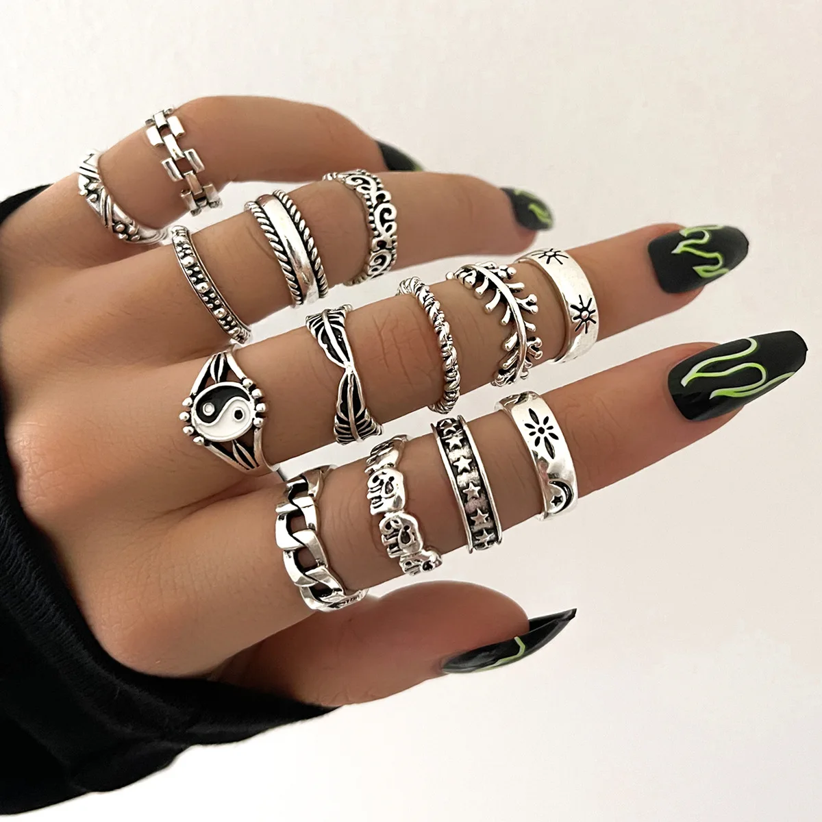 Neo-Gothic Mixed Yin Yang Figure Feather Elephant Star Moon Sun Ring 14 Pcs/Set Women Personality Vintage Jewelry finger rings fashion rings zircon rings couple rings crystal rings bohemian rings